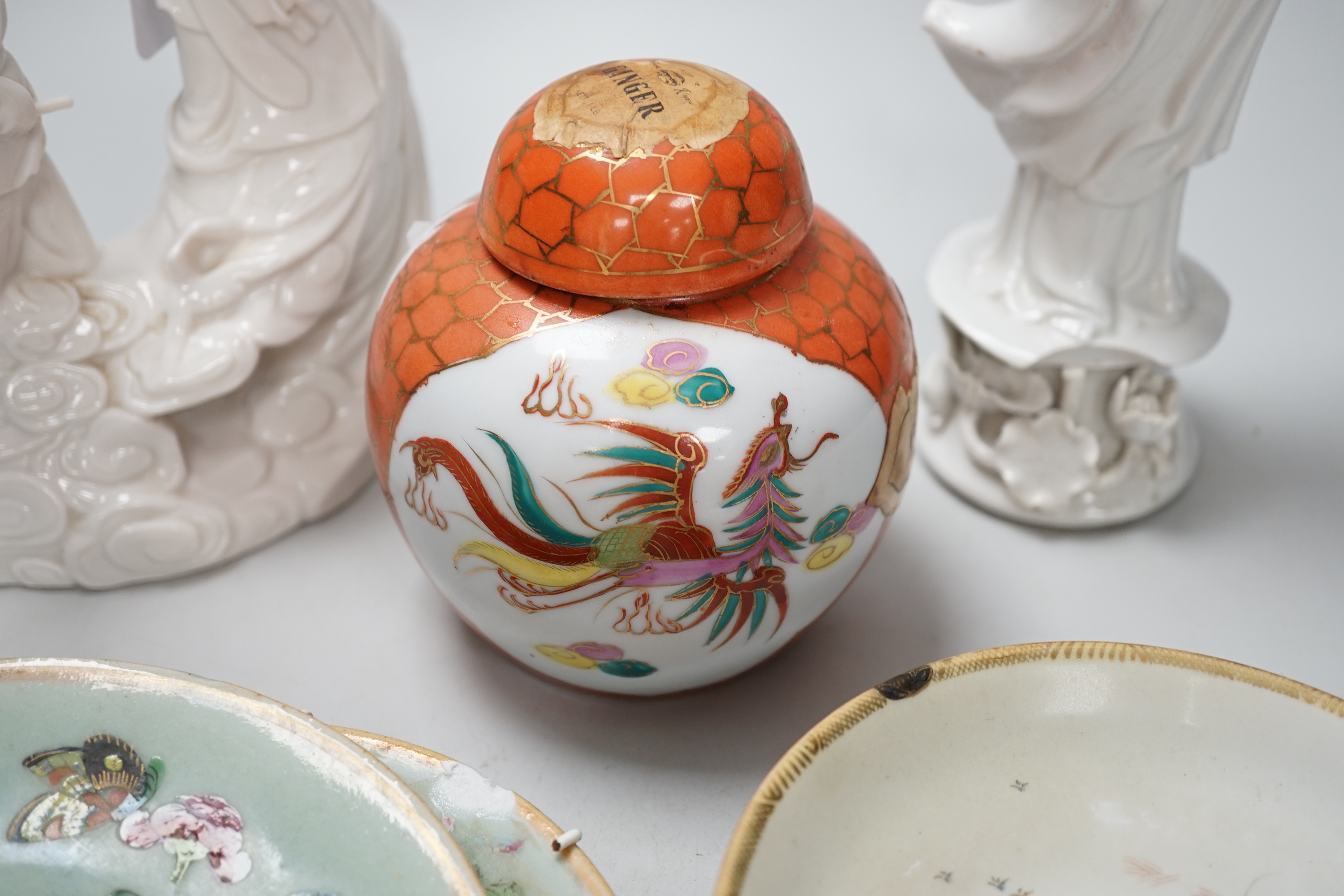 Three Chinese blanc de chine figures, two famille vert plates, a Japanese jar and three eggshell saucers
